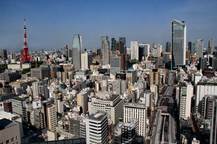 The Tokyo Tower (left) and the Shiodome skyline - as seen from the Park Hotel lobby
