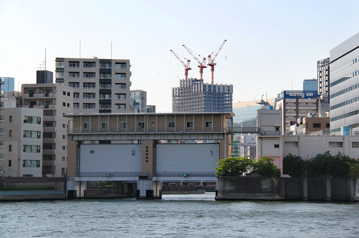 Sluice gates used to control flooding - on the Sumida River - seen from our water bus, Tokyo