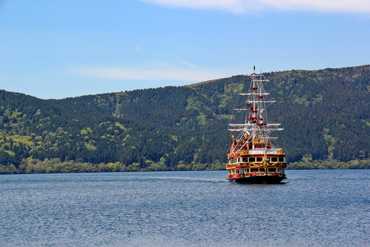 Cartoonish pirate ship coming to port at Moto-Hakone which we then took to Togendai - on Lake Ashi