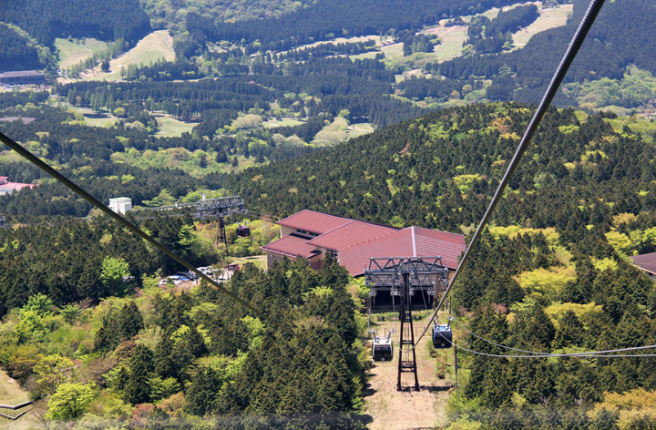 View from a cable car on the Hakone Ropeway going to the Owakudani Station - looking back to the Ubako Station
