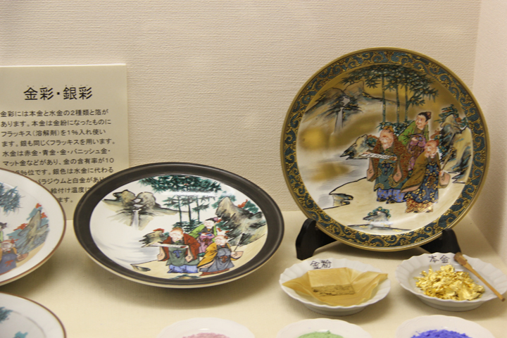 Centuries old plates in the Kutani style - seen at the Nomi Kutani Ceramics Museum in the Kutani Pottery Village in Nomi-shi