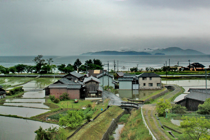 Lake Biwa and rice paddies as seen from our train approaching Kyoto from Komatsu  