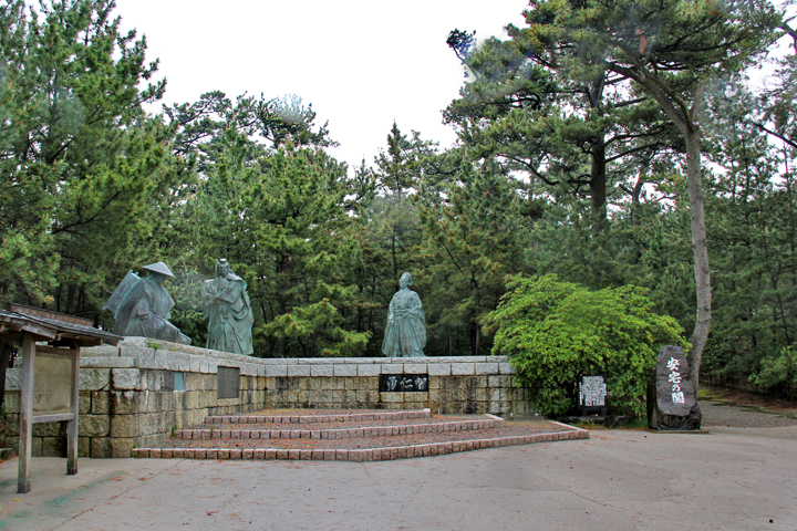 The Ataka Barrier Ruin - the site of a kabuki play titled Kanjincho & bronze statues of the characters - at the Sea of Japan  