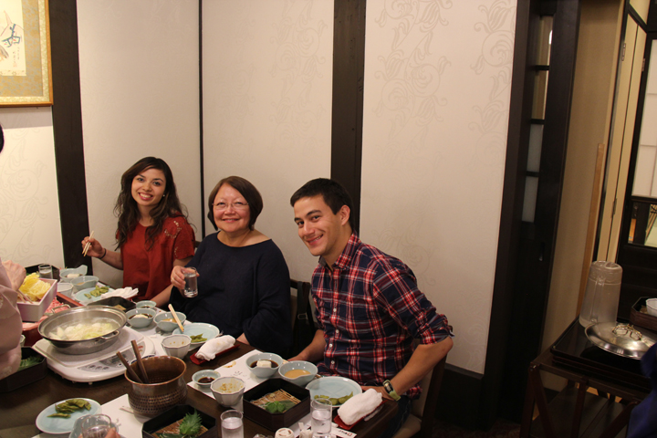 Sarah, Norma and Logan at Ganko Takasegawa Nijoen (restaurant) in Kyoto