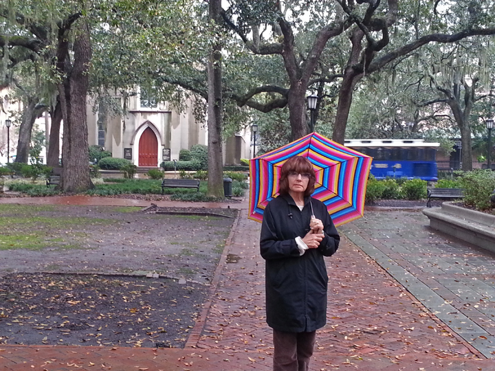 Judy on Madison Square in Savannah, Georgia. St. Johns Episcopal Church (built in the 1850s) is in the background.