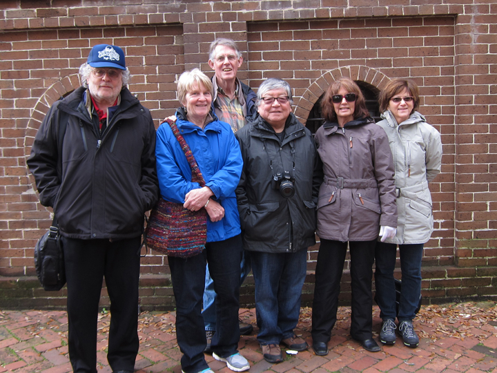 Left to right: Richard, Nancy, David, John, Judy and Sharon - waiting in line to enter Mrs. Wilkes Dining Room - Savannah