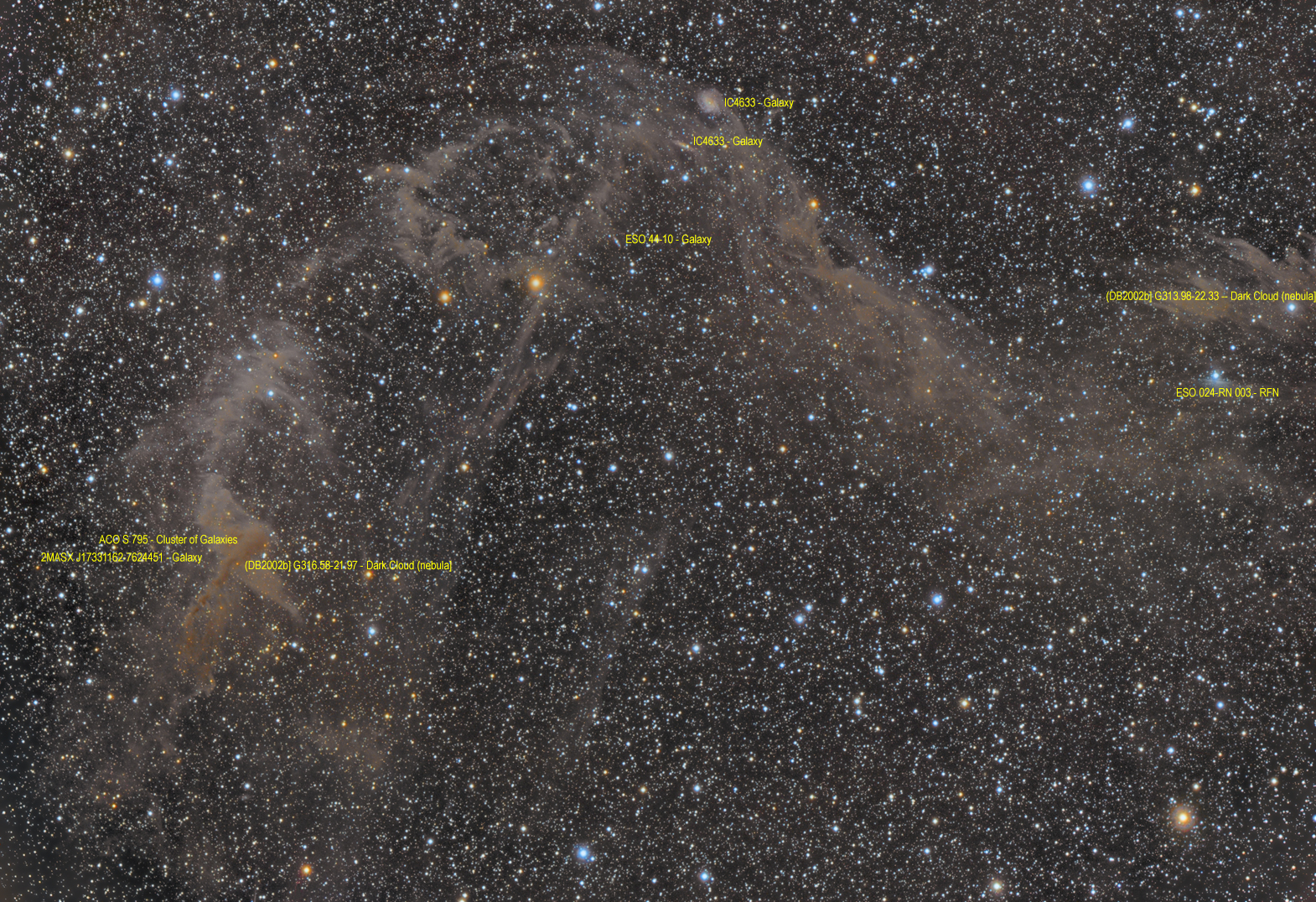 Jacobs Ladder - IC4633, IC4635 and IFN in Apus (also Sarahs Nebula) - Annotated Version
