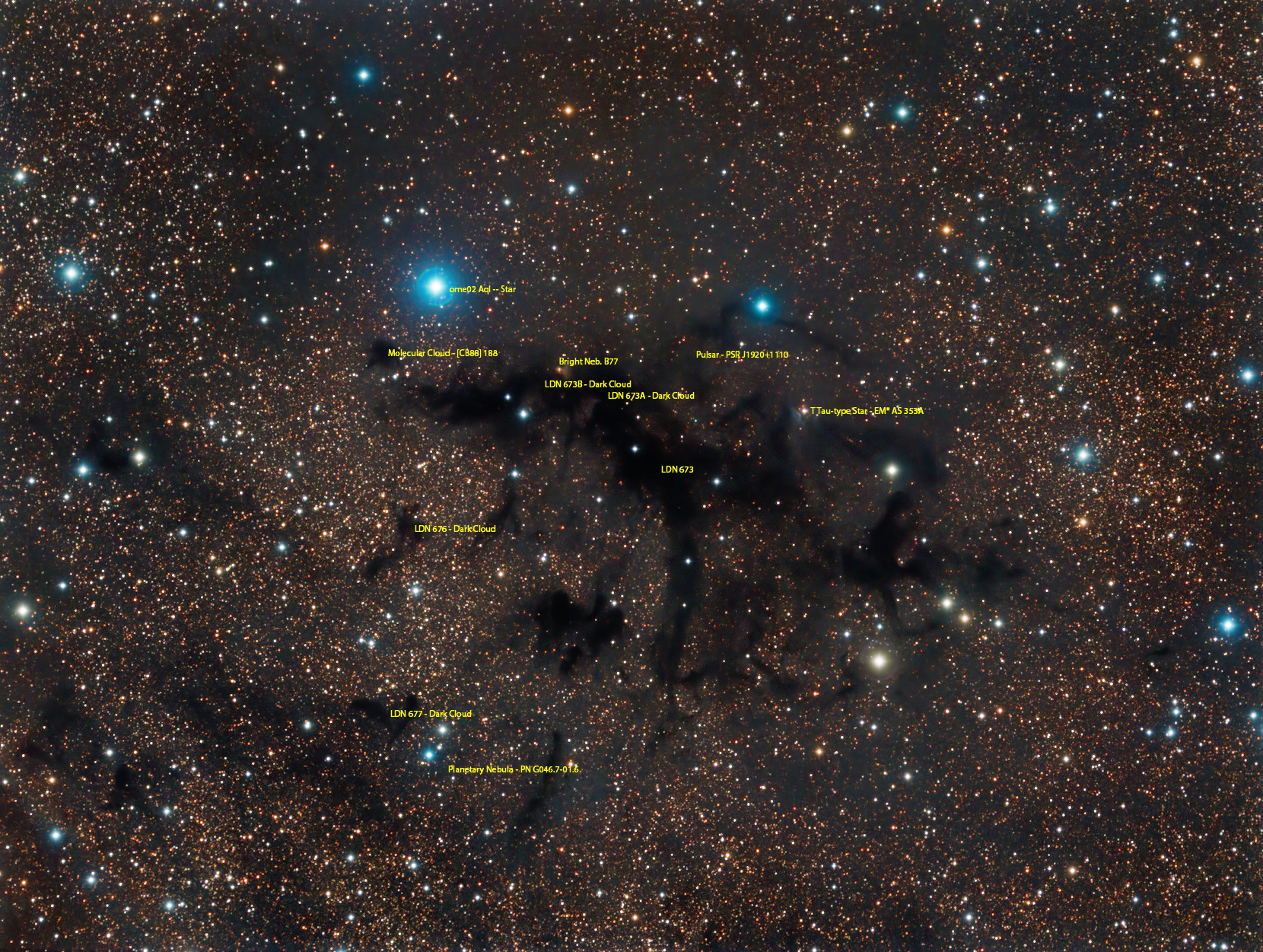 The Woolly Mammoth Nebula - LDN 673, 676A, 676B, 677, B77 / Annotated 
