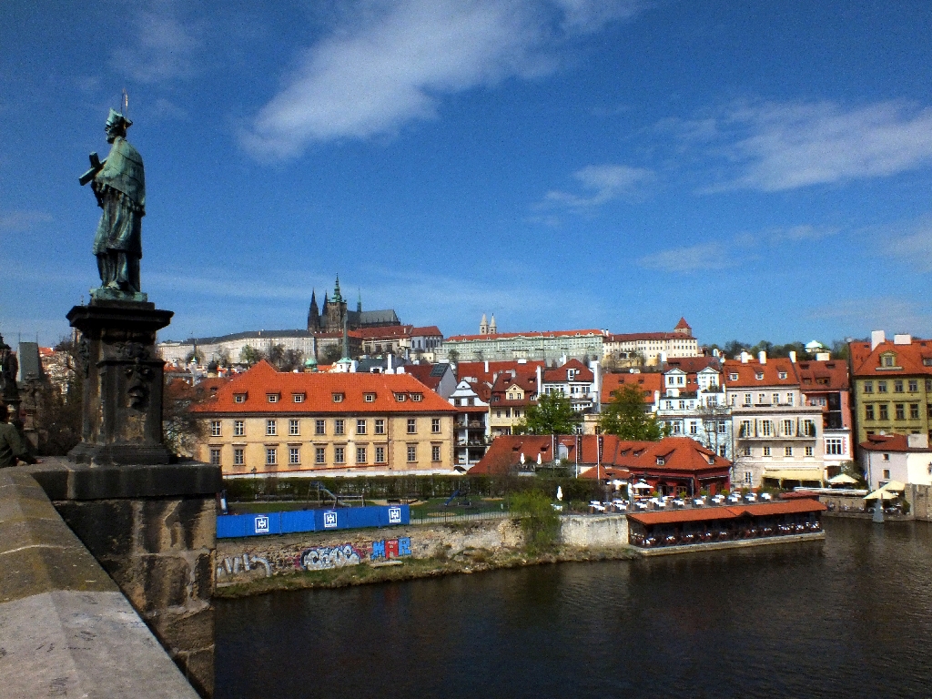 The view from the Charles Bridge over the Vlatava River to the Castle on the hill top