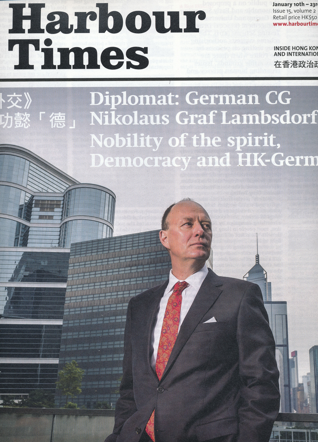 Portrait of German Consul General on Harbour Times issue 15 cover - Jan 2014