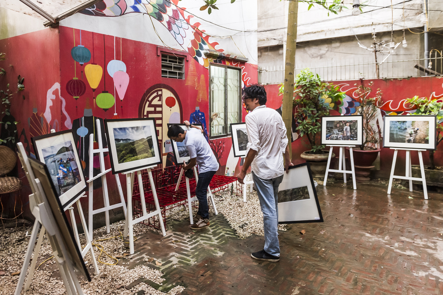 Installing the prints at Chula in Hanoi