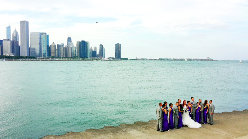 Wedding photography, Chicago skyline, museum campus