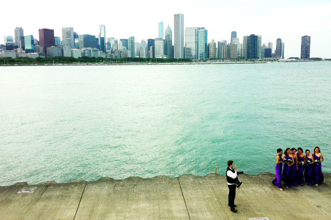 Wedding photography, Chicago skyline, museum campus