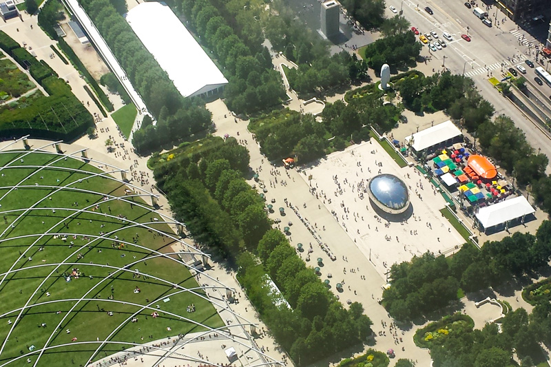 Millennium Park, Cloud Gate, Pritzker Pavilion, Chicago view from the Aon Center