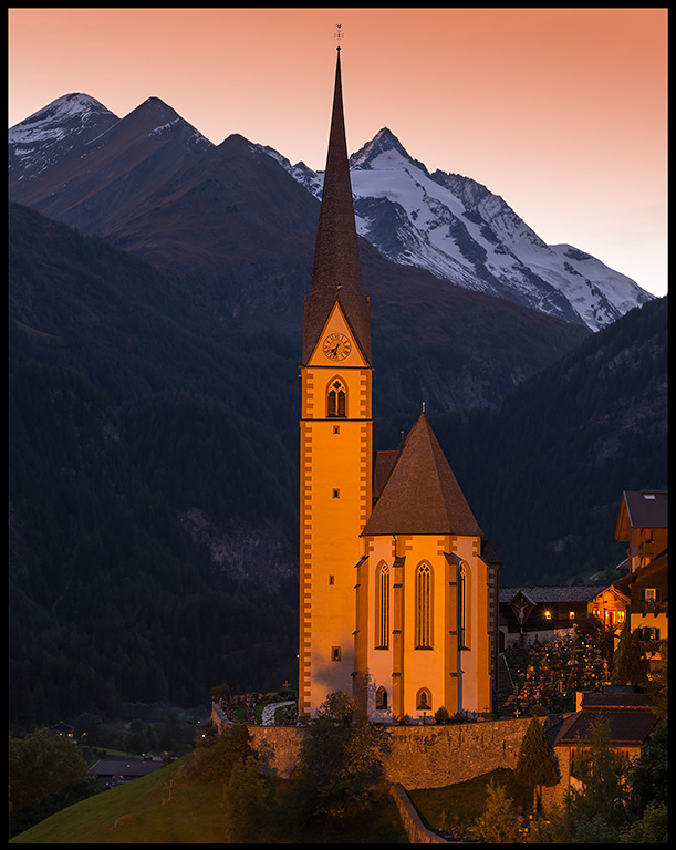 Heiligenblut church with Grossglockner (3798 m) at dusk