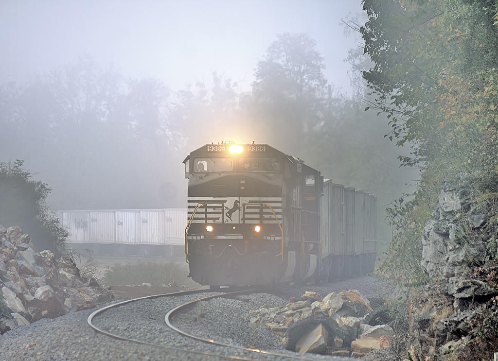 10/12/13 The blasting crew has halted work as 264 rolls through the fog at the cut just South of Pittman Creek 