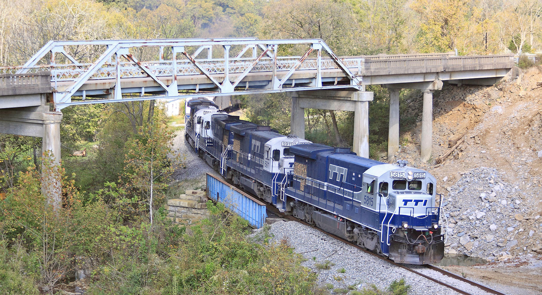 A Southbound creeps through the bridge construction site at Meyers. The old US 32 bridge will come down in November 