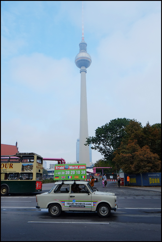 Two former east german icons,Trabi and the Fernsehturm......