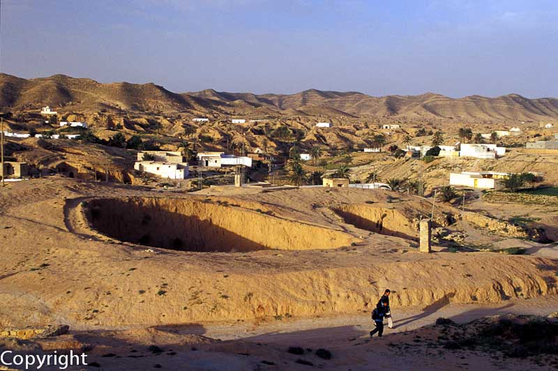 Looking out over the 'troglodyte' town of Matmata. Each pit is a single dwelling