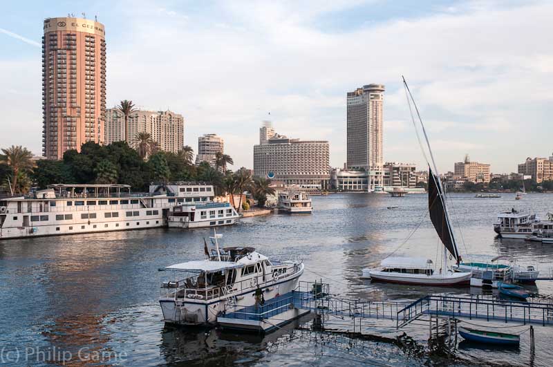 Looking east across the Nile, Sofitel El Gezira Hotel is at left.