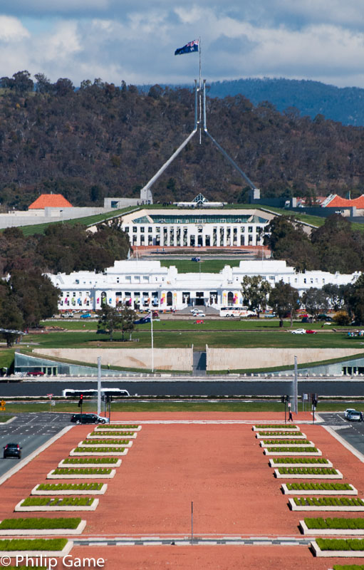 Looking down Anzac Ave. towards old and new Parliament Houses