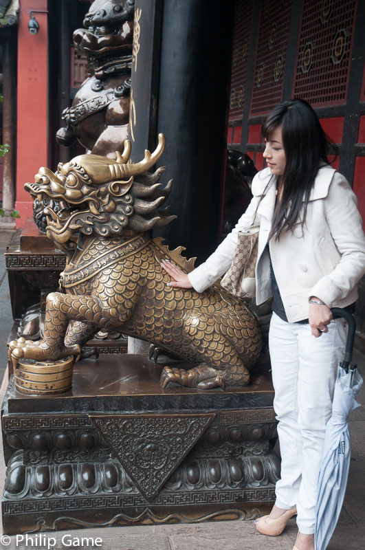 Stroking the bronze lion, Wenshu Monastery