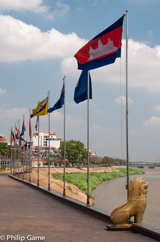 Flags along Sisowath Quay on the riverfront