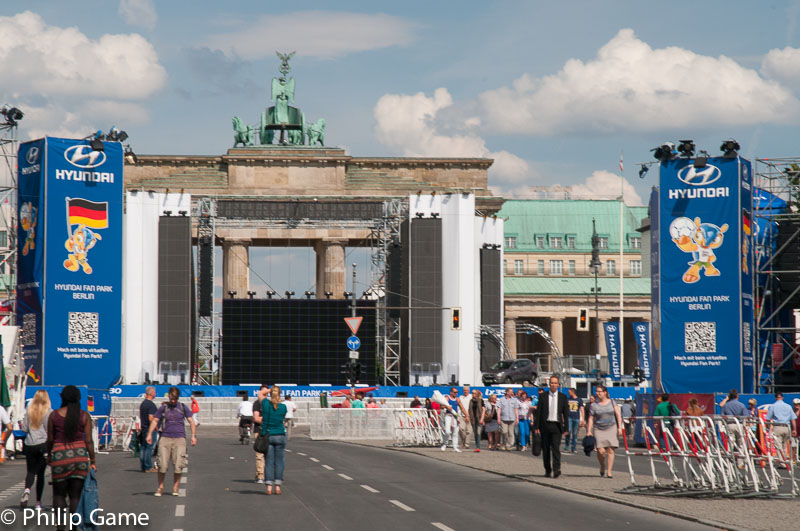 2014: Brandenburg Gate obscured by a football promotion