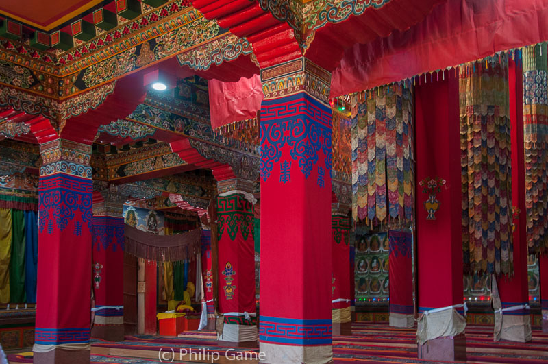 Inside the Dukhang or prayer hall of Tawang Gompa (Buddhist monastery)