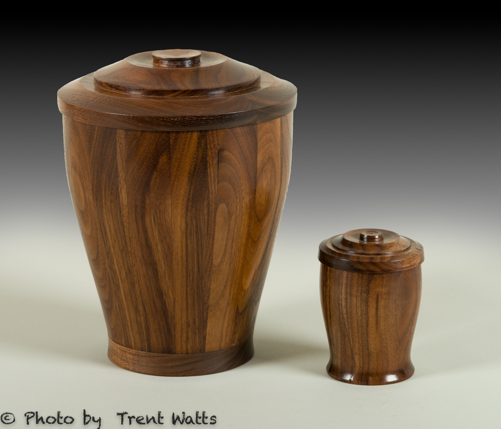 Cremation urn with a smaller keepsake urn made from Walnut.