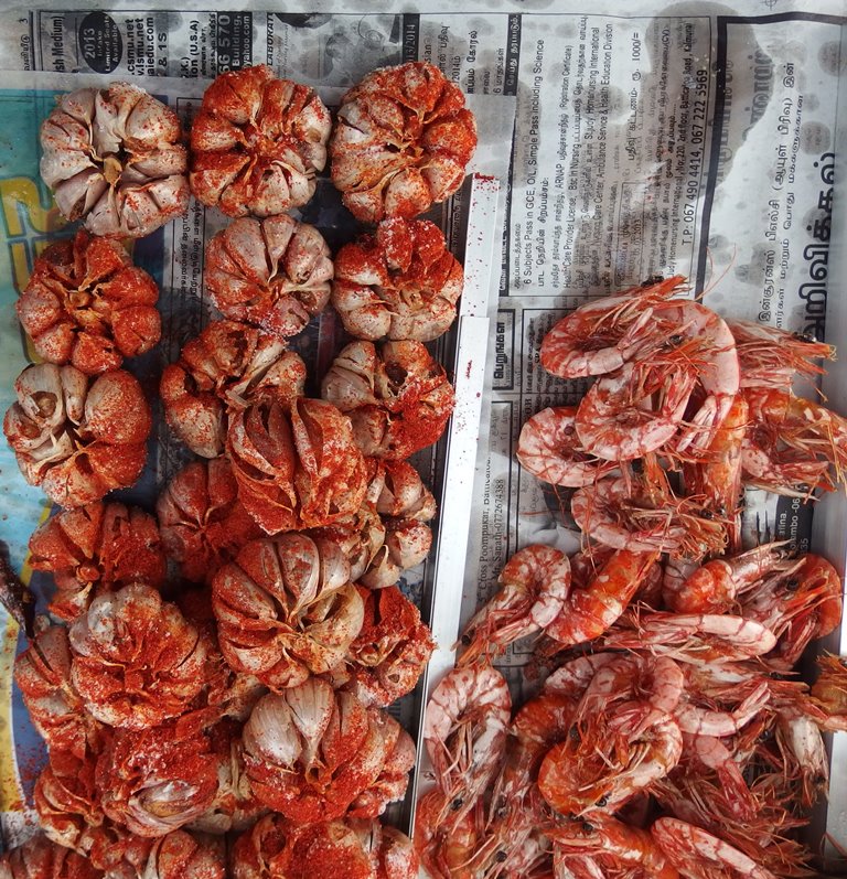 Garlic cloves and prawns, Jaffna Market