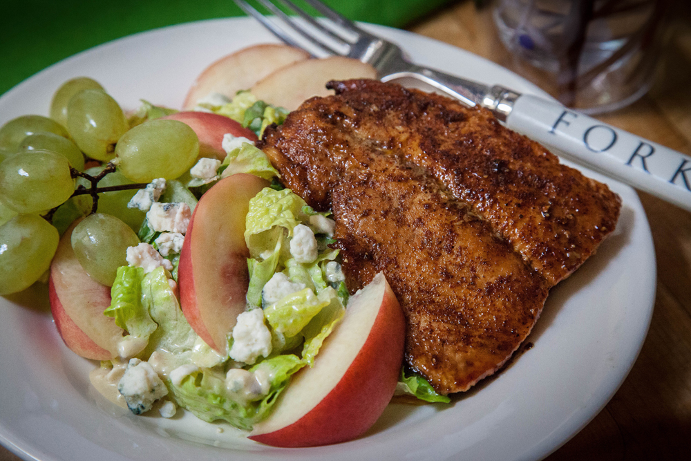 Blue Cheese Caesar Salad with Salmon, Nectarines and Grapes