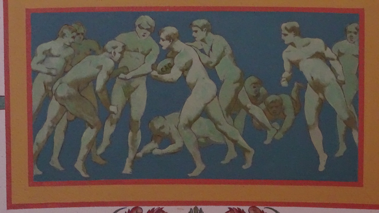 Painting of naked men playing American football