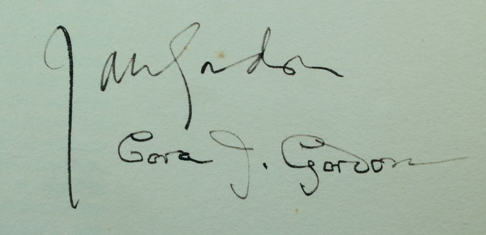A detail of the signatures of Jan Gordon and Cora J. Gordon.