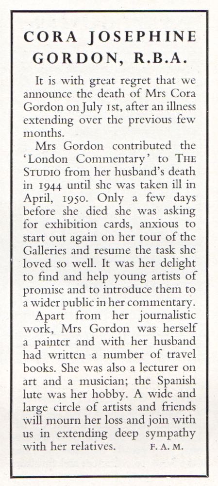 Cora Gordon obituary in THE STUDIO September 1950