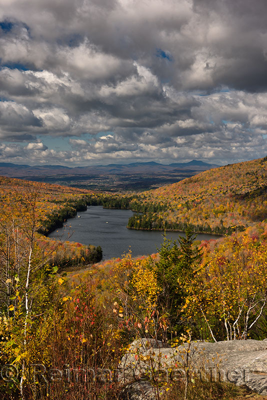 Kettle Pond and Plainfield with Camels Hump mountains in the Fall from Owls Head lookout Vermont