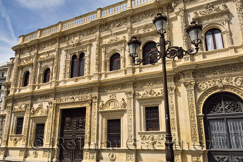 Ornamental plateresque style on facade of Casa Consistorial now City Hall in Seville Spain