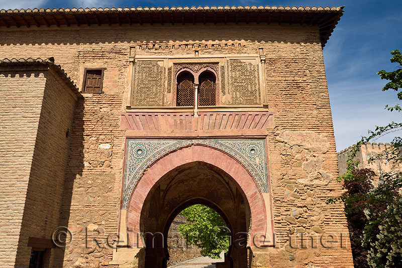 East side of Wine Gate with Alcazaba fortress at Alhambra Palace Granada Spain