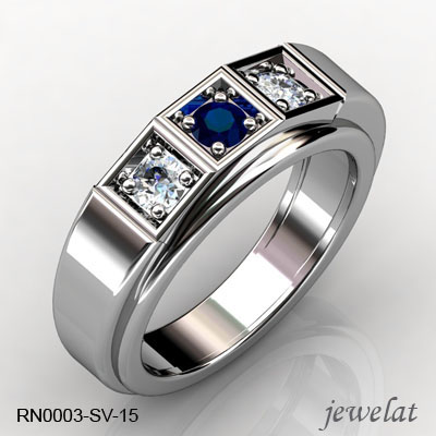 RN003-SV-15 Sterling Silver Ring With Diamond And Blue Sapphire