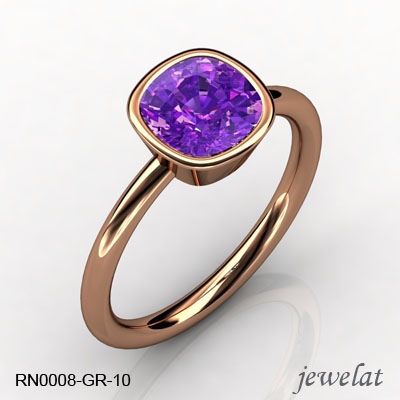 Pink Gold Cushion Gemstone Ring With 7mm Amethyst Gemstone 
