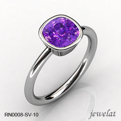 Silver Cushion Gemstone Ring With 7mm Amethyst Gemstone 