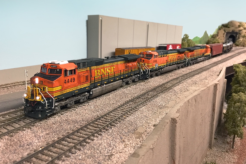 BNSF 4449, a highly customized Kato C44-9W, leads an ethanol train.