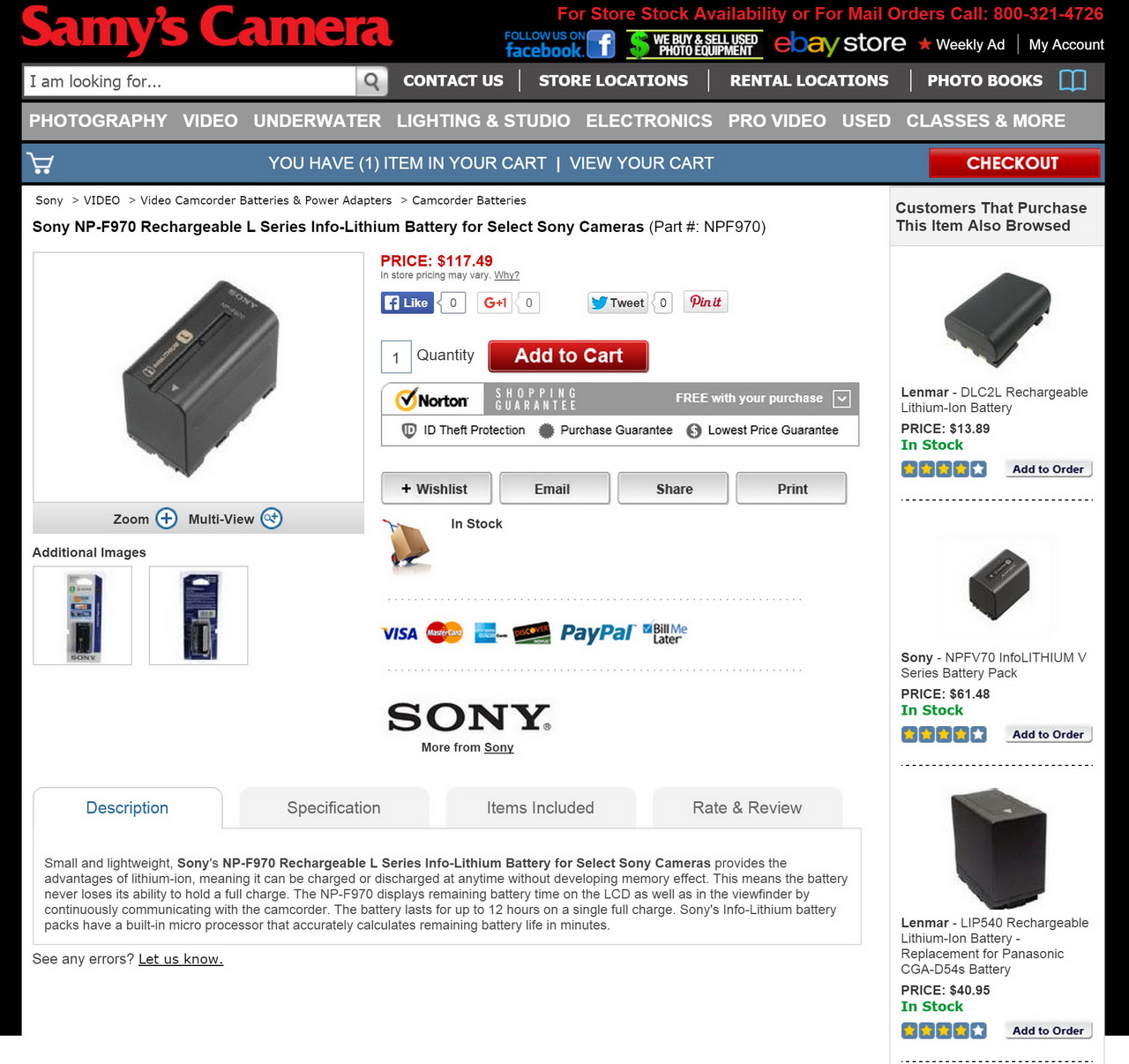 Samys Camera - Sony NP-F970 Info-Lithium Recharable Battery, Genuine $117.49