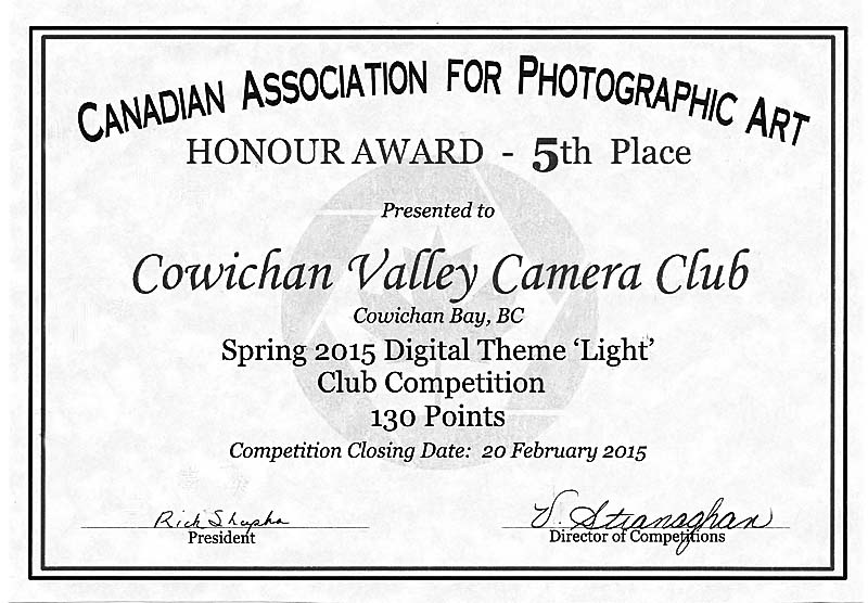 CAPA HONOUR AWARDSpring 2015 Digital Theme 'Light'Club Competition 130 Points