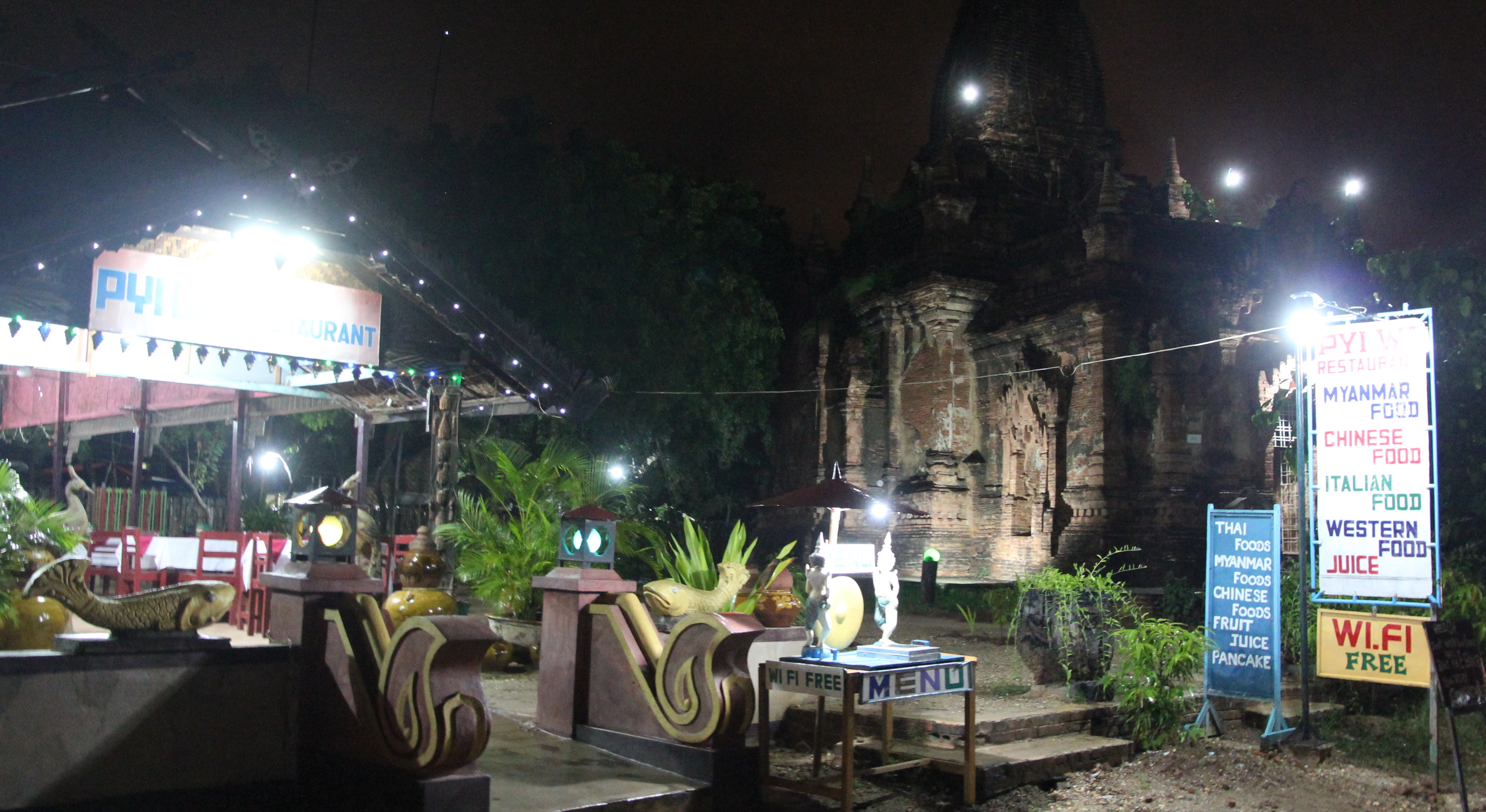 Restaurant Row in Nyaung U.  Atmospheric location for Pyi Wa. Never saw any guests there though