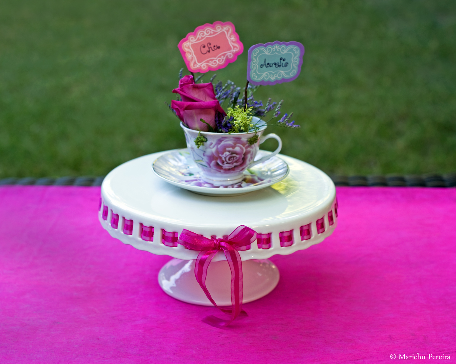Tea Cup with flowers/nametag for the guests made by my bridesmaid Emma