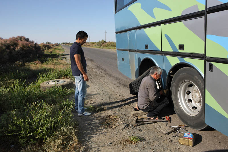 From Aral Sea to Nukus, a flat tire
