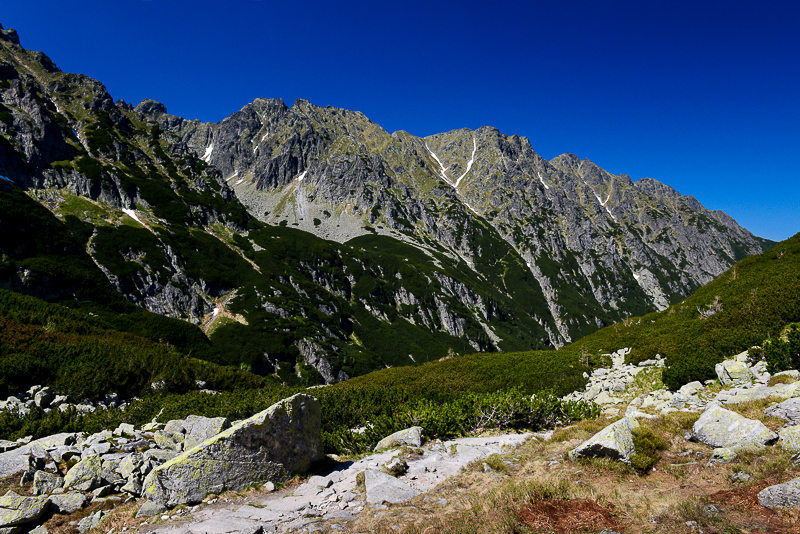 View towards Wielka Buczynowa Turnia 2184m and Woloszyn 2155m, Upper Roztoka Valley, High Tatra