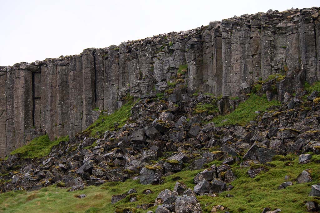 Columnar basalt - a product of molten basalt, cooling, shrinking and cracking vertically