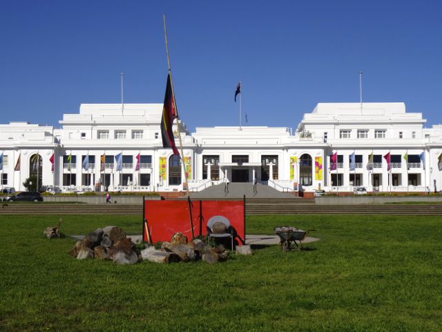 Old Parliament House, remains of tent embassy in front